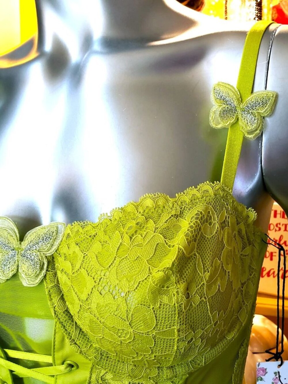 Betsey Johnson Corset Dress Top Panties Lingerie Set Green Lace Mesh Butterfly S - Picture 12 of 16